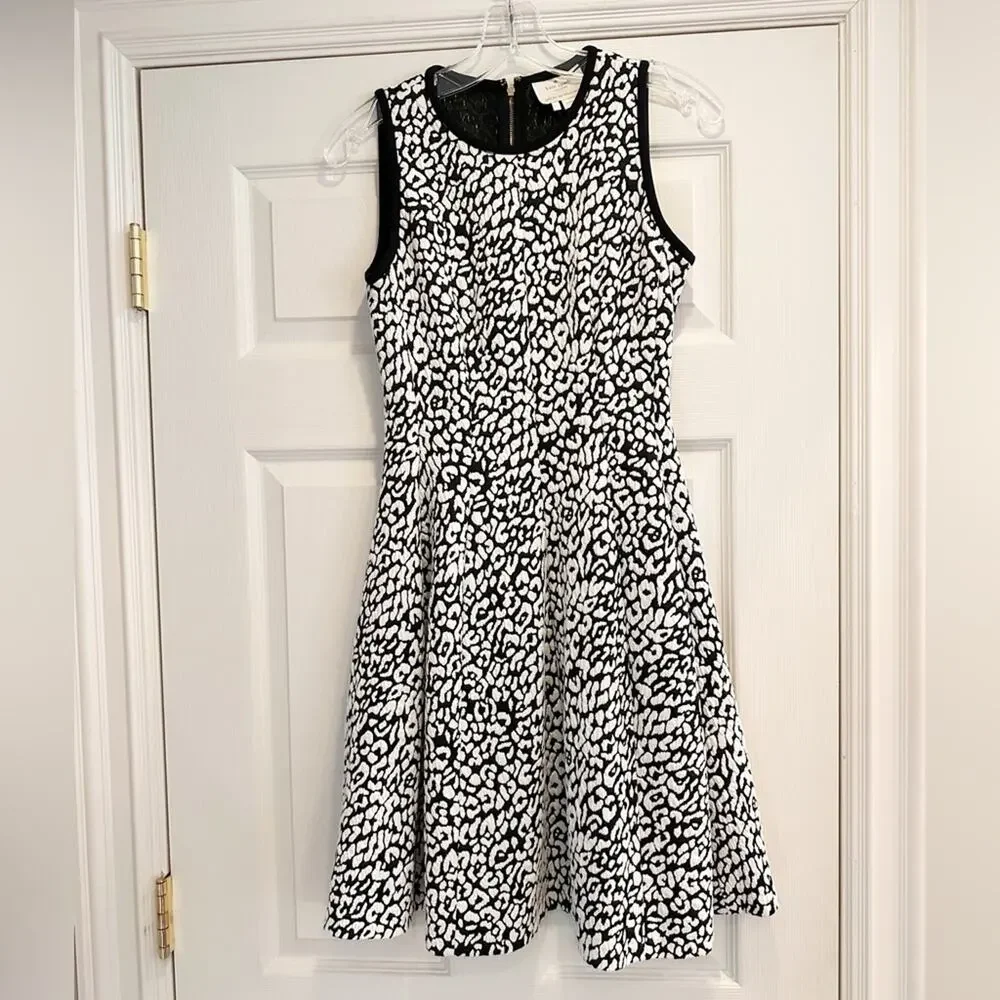 Kate Spade Leopard Jacquard Black White Stefania Fit & Flare Dress Small